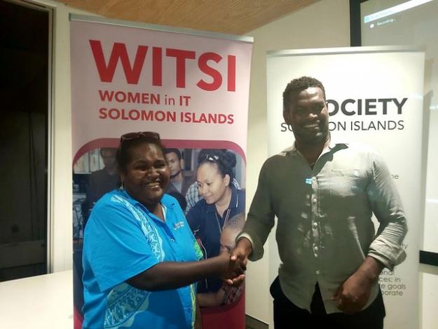 Marlon Houkarawa congratulates Alice ALisae Aote'e, the new ITSSI President